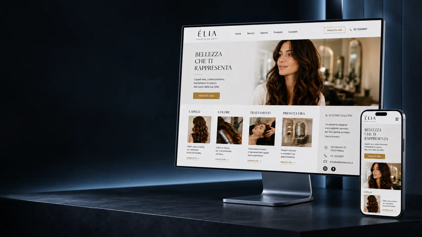 Esempio di sito web per parrucchiera visualizzato su computer e smartphone